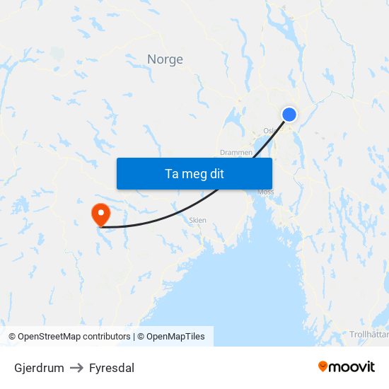 Gjerdrum to Fyresdal map