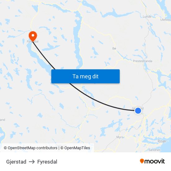 Gjerstad to Fyresdal map