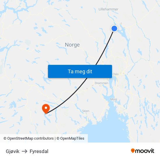 Gjøvik to Fyresdal map
