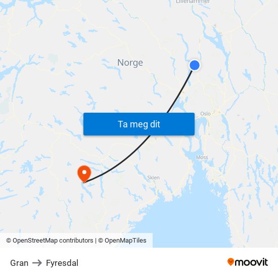 Gran to Fyresdal map