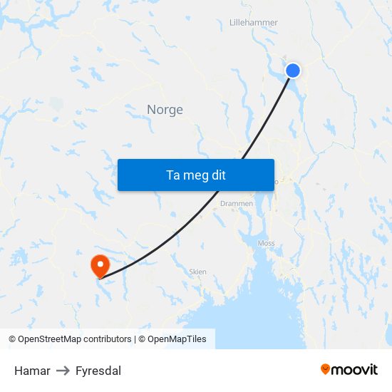 Hamar to Fyresdal map