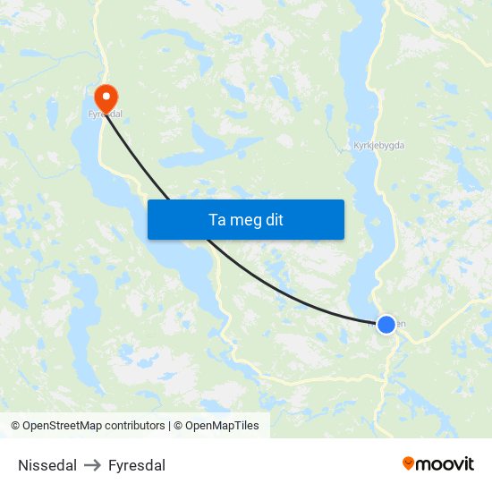 Nissedal to Fyresdal map