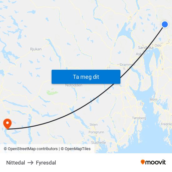 Nittedal to Fyresdal map