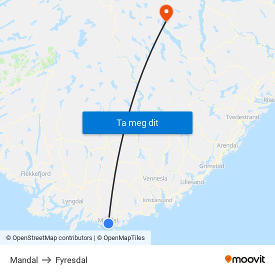 Mandal to Fyresdal map