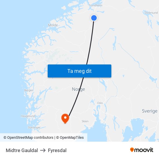 Midtre Gauldal to Fyresdal map