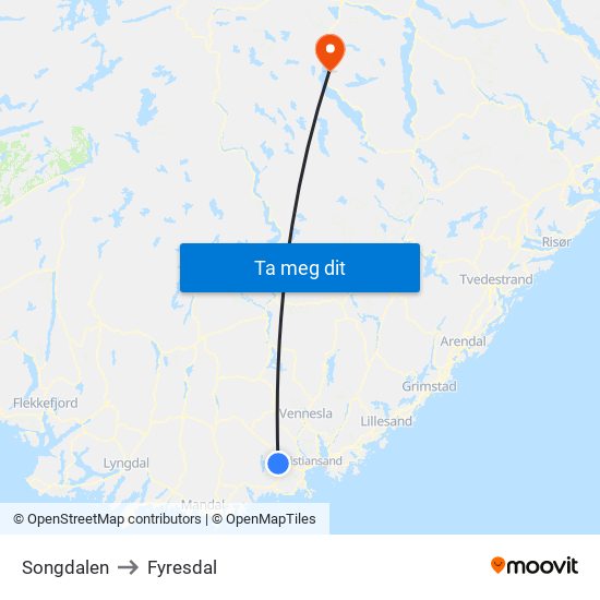 Songdalen to Fyresdal map