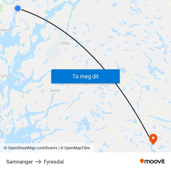 Samnanger to Fyresdal map