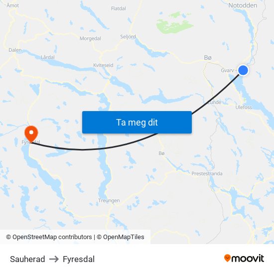 Sauherad to Fyresdal map