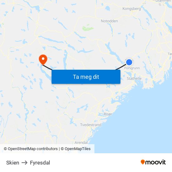 Skien to Fyresdal map