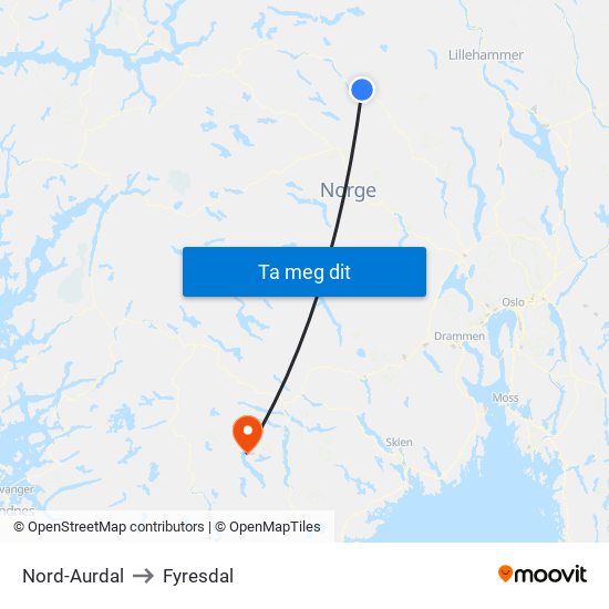 Nord-Aurdal to Fyresdal map