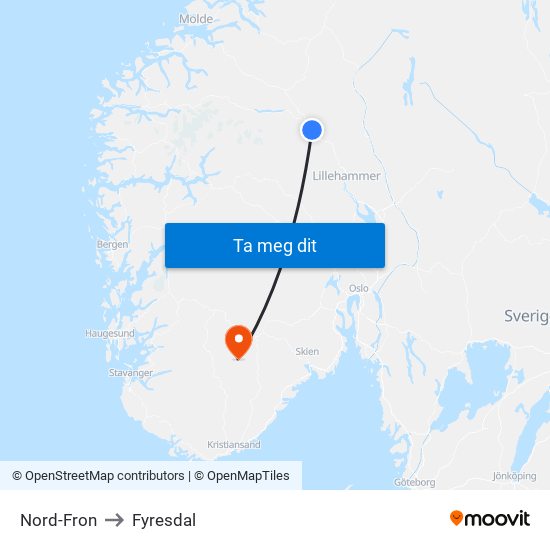 Nord-Fron to Fyresdal map