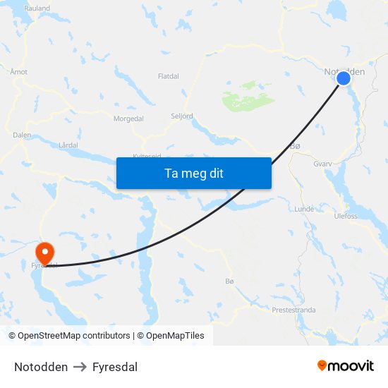 Notodden to Fyresdal map