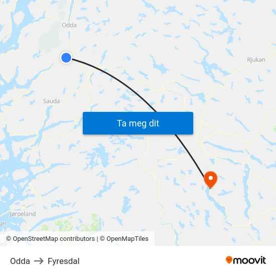 Odda to Fyresdal map