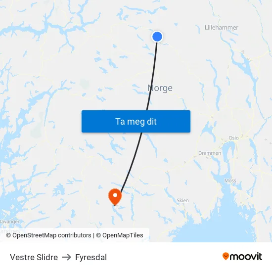 Vestre Slidre to Fyresdal map