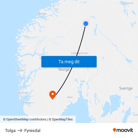 Tolga to Fyresdal map