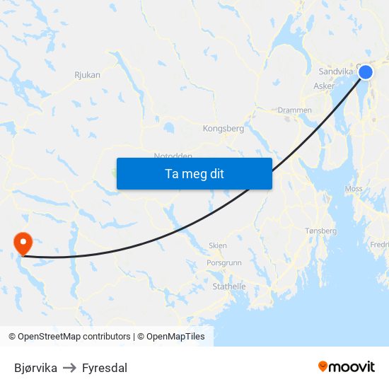 Bjørvika to Fyresdal map