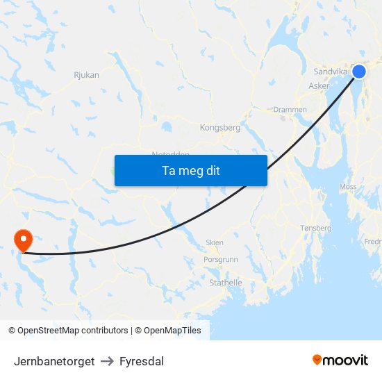 Jernbanetorget to Fyresdal map