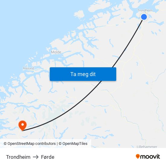 Trondheim to Førde map