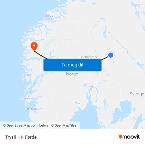 Trysil to Førde map