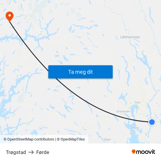 Trøgstad to Førde map