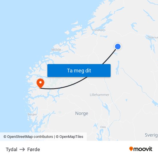 Tydal to Førde map