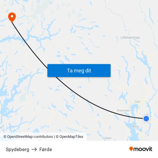 Spydeberg to Førde map