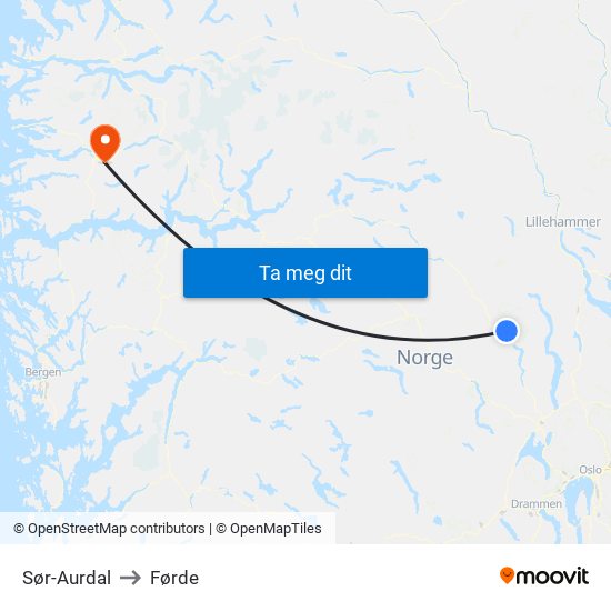 Sør-Aurdal to Førde map