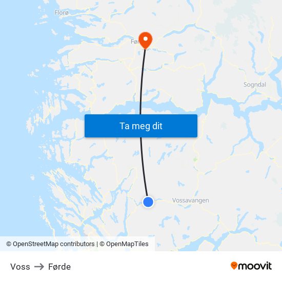 Voss to Førde map