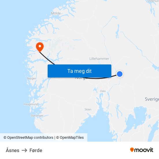 Åsnes to Førde map