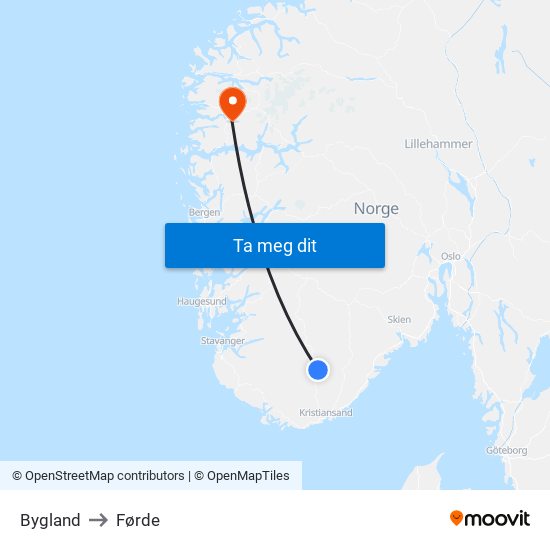 Bygland to Førde map