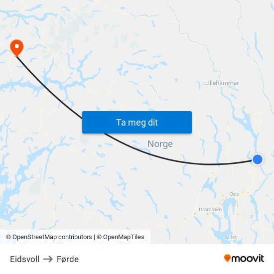 Eidsvoll to Førde map