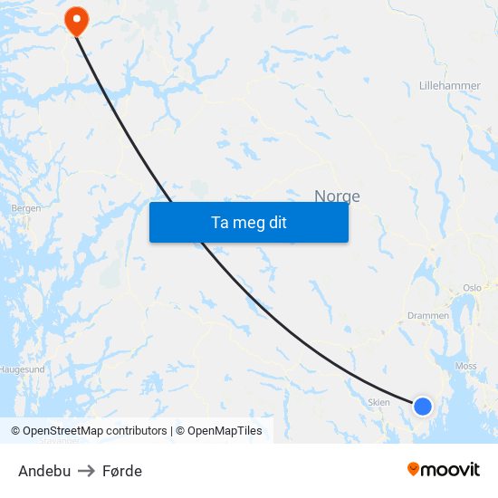 Andebu to Førde map