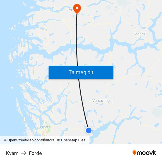 Kvam to Førde map