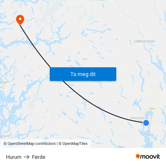 Hurum to Førde map