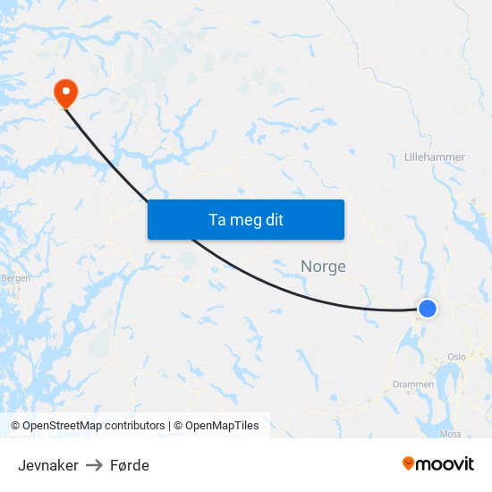 Jevnaker to Førde map