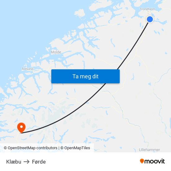 Klæbu to Førde map