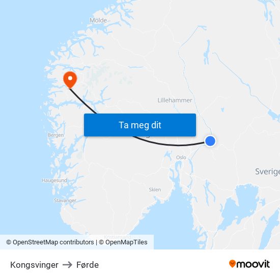 Kongsvinger to Førde map