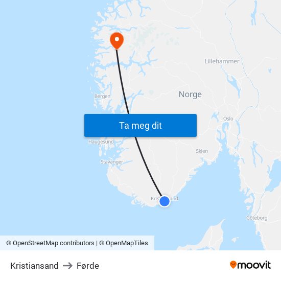 Kristiansand to Førde map