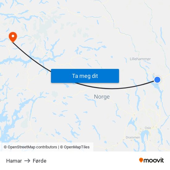 Hamar to Førde map