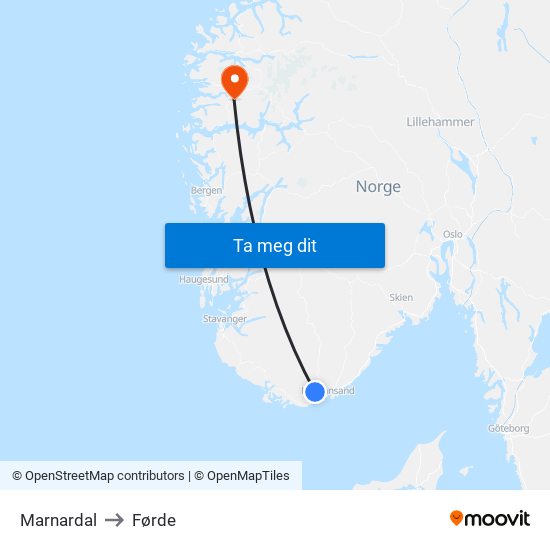 Marnardal to Førde map