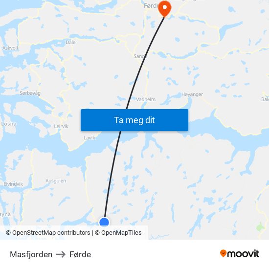 Masfjorden to Førde map