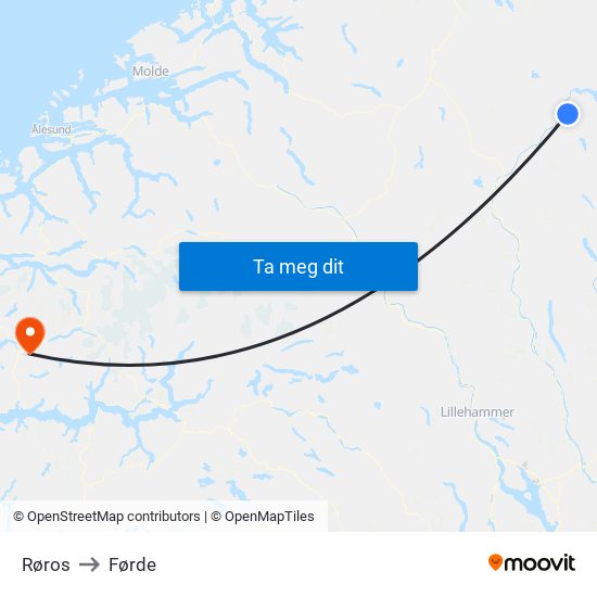 Røros to Førde map