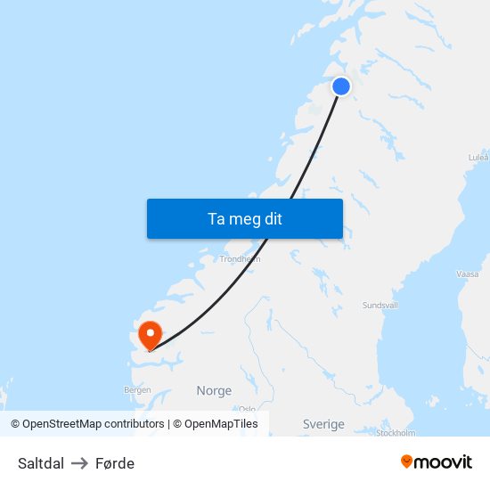 Saltdal to Førde map