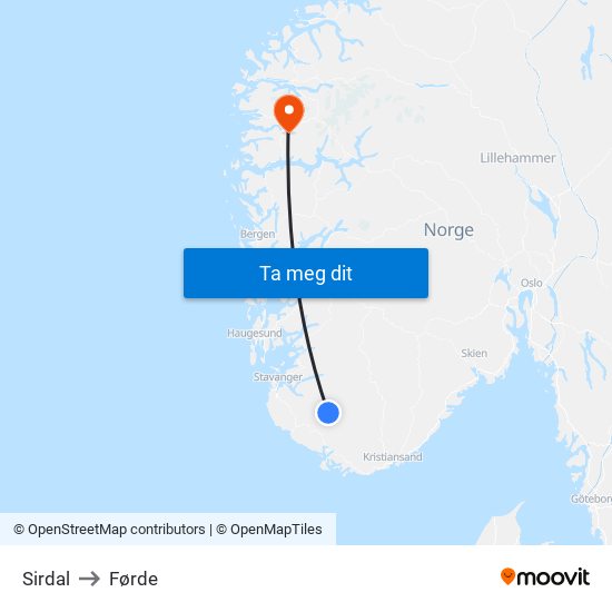 Sirdal to Førde map