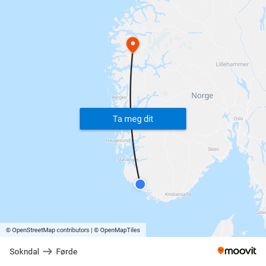 Sokndal to Førde map