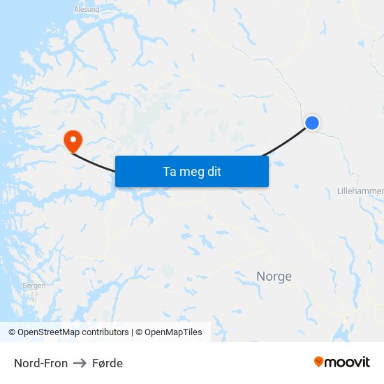 Nord-Fron to Førde map
