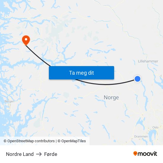 Nordre Land to Førde map