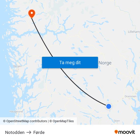 Notodden to Førde map