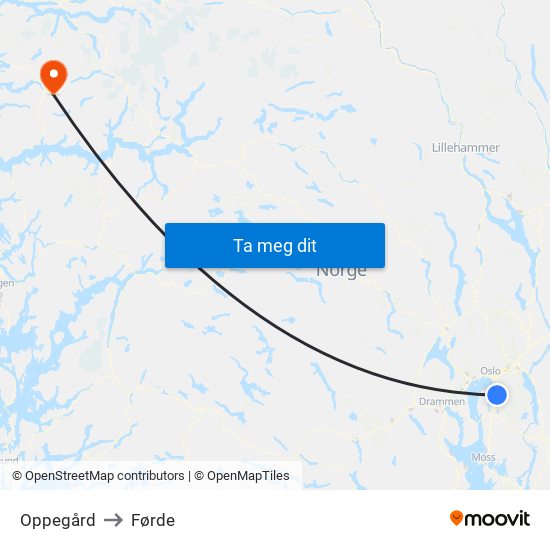 Oppegård to Førde map