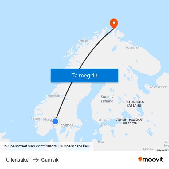 Ullensaker to Gamvik map